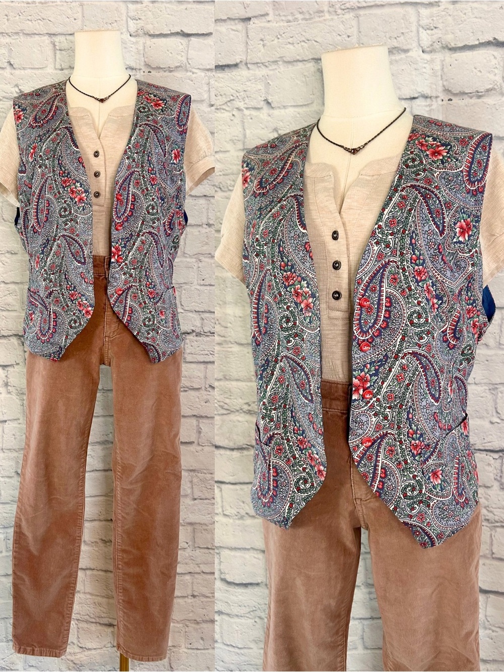 3 Piece Fall Set Outfit Top Textured Cream Henley Pink Suede Jeans Vintage Vest